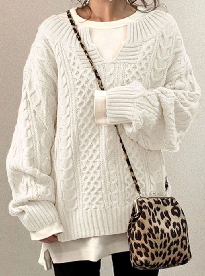 Women's Oversized Cable Knit Sweater V-Neck Long Sleeve Pullover - White