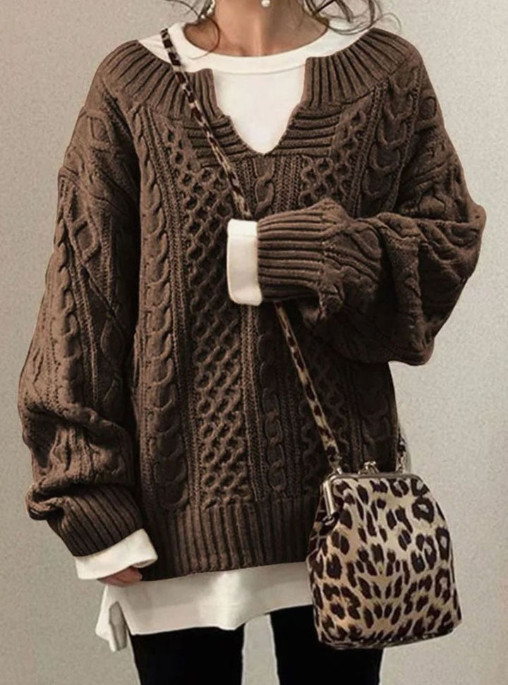 Women's Oversized Cable Knit Sweater V-Neck Long Sleeve Pullover - Brown