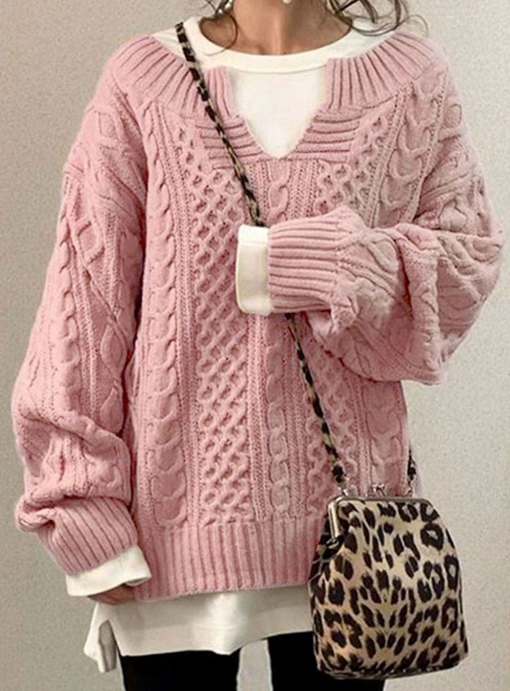 Women's Oversized Cable Knit Sweater V-Neck Long Sleeve Pullover - Pink