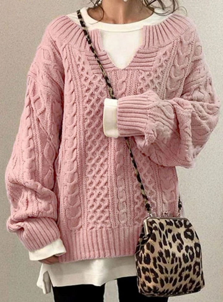 Women's Oversized Cable Knit Sweater V-Neck Long Sleeve Pullover - Pink