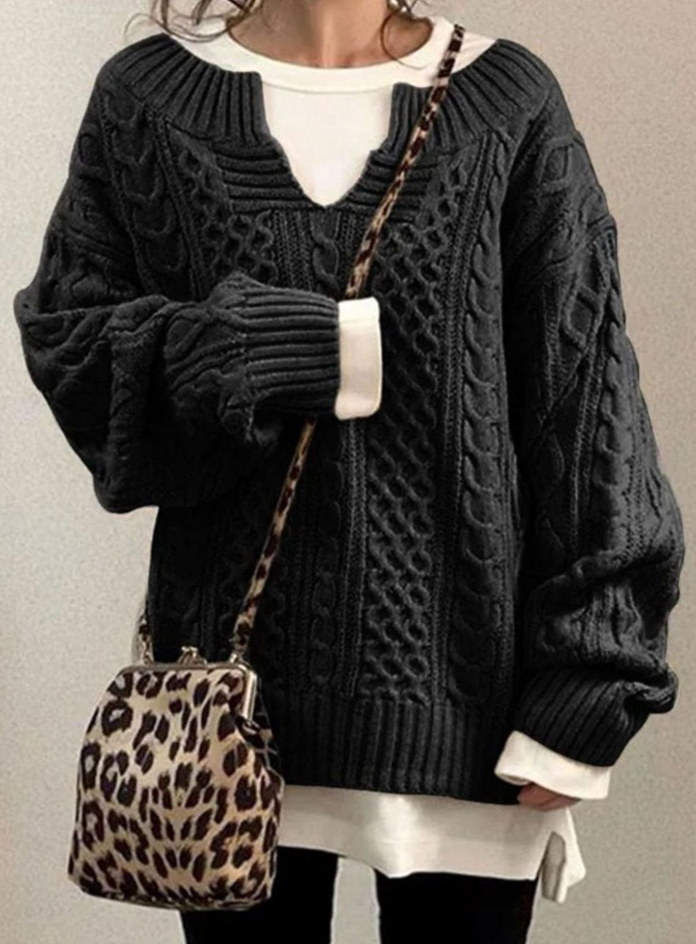 Women's Oversized Cable Knit Sweater V-Neck Long Sleeve Pullover - Black