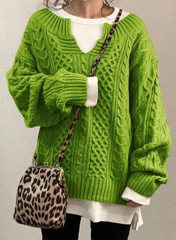 Women's Oversized Cable Knit Sweater V-Neck Long Sleeve Pullover - Green
