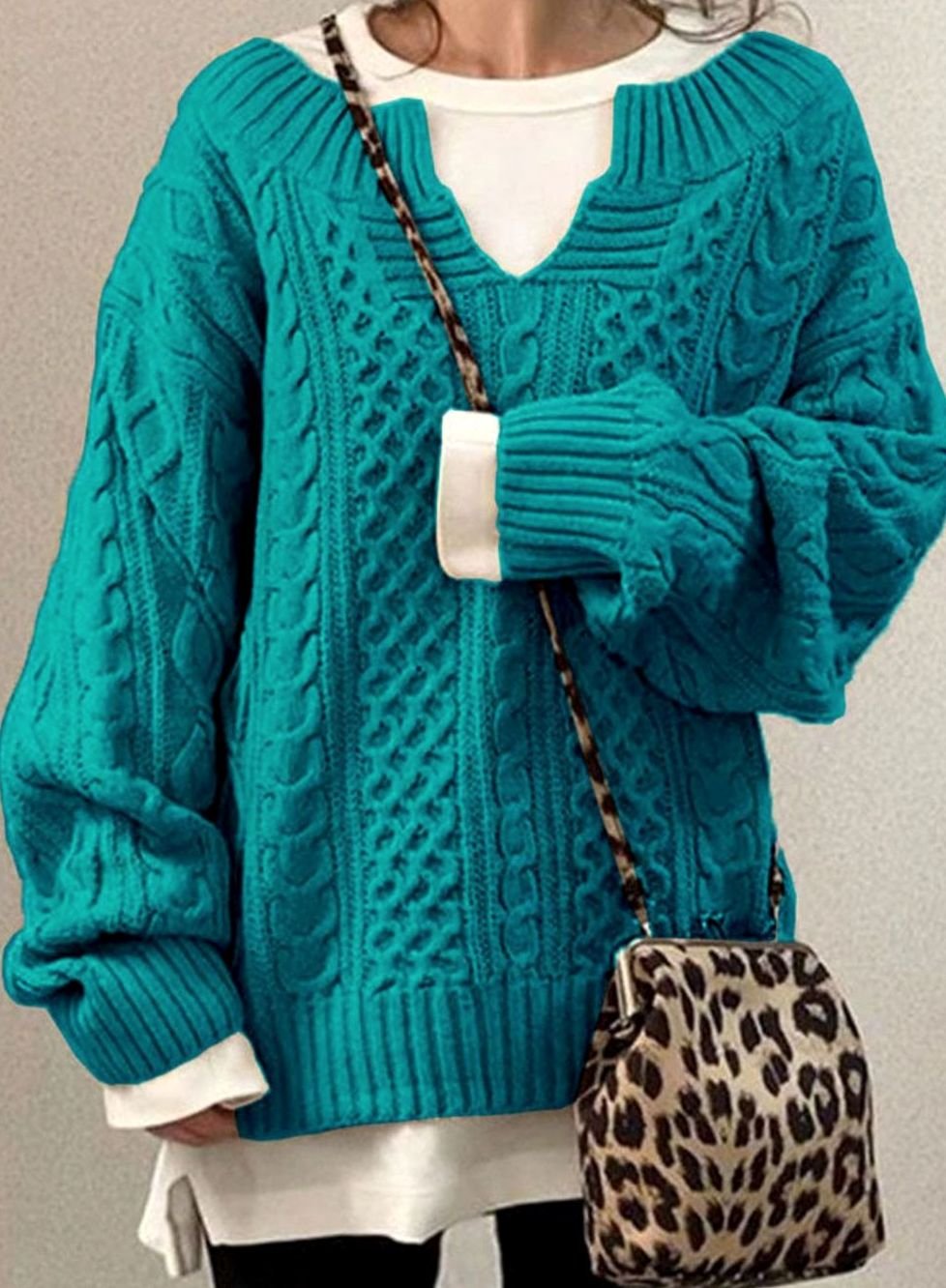 Women's Oversized Cable Knit Sweater V-Neck Long Sleeve Pullover - Blue