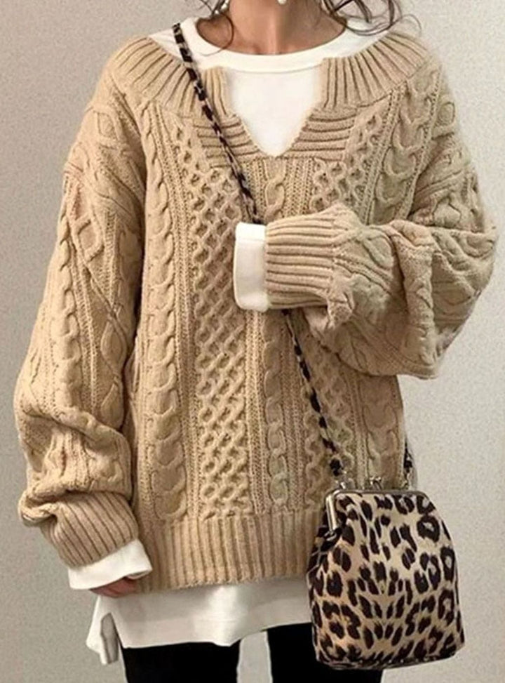 Women's Oversized Cable Knit Sweater V-Neck Long Sleeve Pullover - Beige