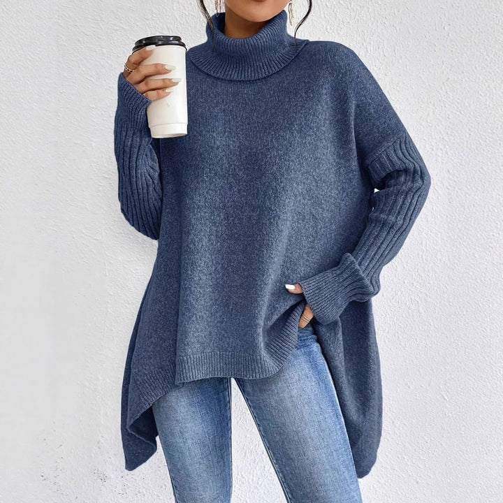 Women's Oversized Cashmere Turtleneck Sweater High-Low Hem - Navy