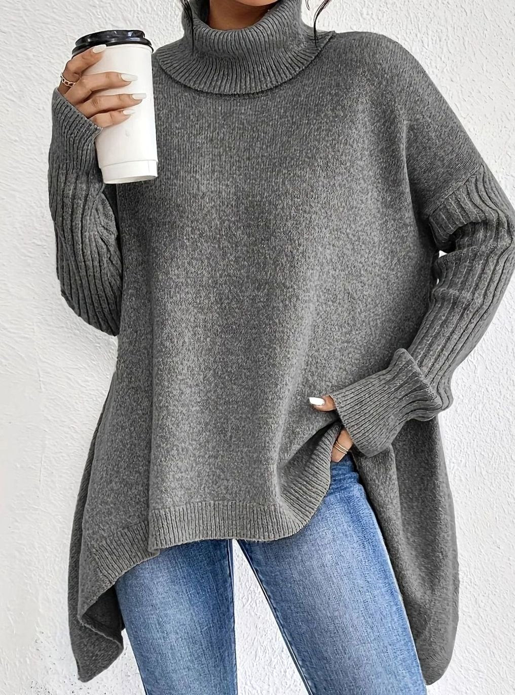 Women's Oversized Cashmere Turtleneck Sweater High-Low Hem - Gray
