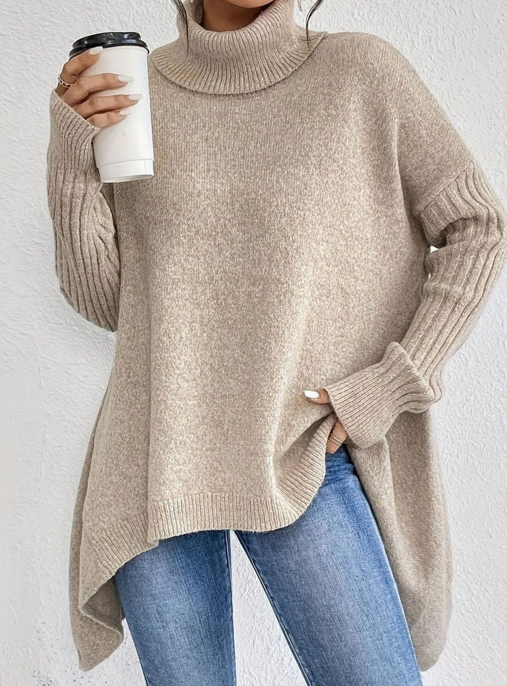 Women's Oversized Cashmere Turtleneck Sweater High-Low Hem - Apricot