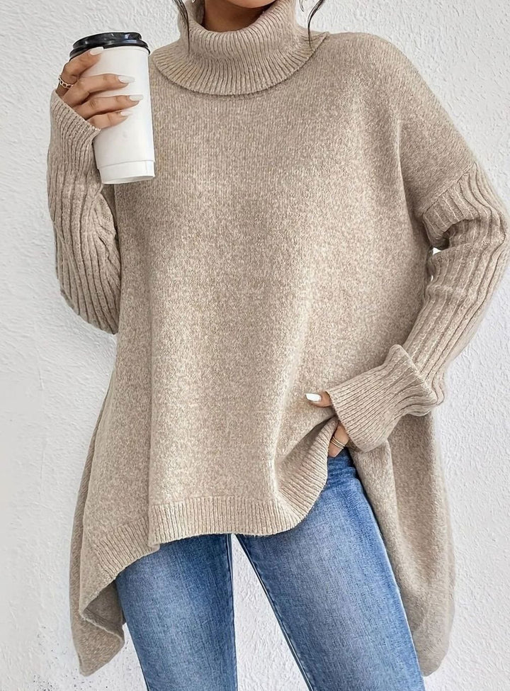 Women's Oversized Cashmere Turtleneck Sweater High-Low Hem - Apricot