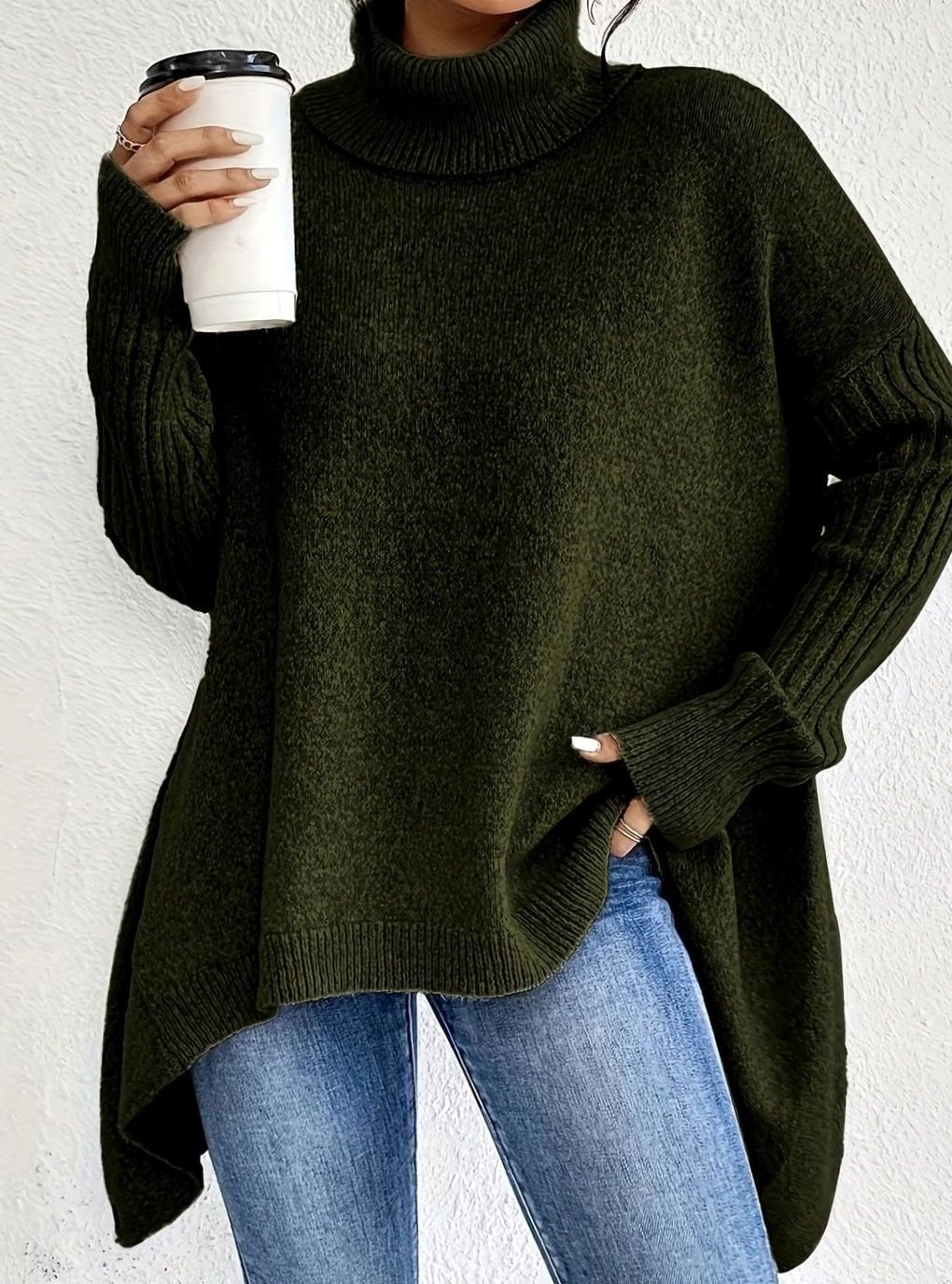 Women's Oversized Cashmere Turtleneck Sweater High-Low Hem - Dark Green