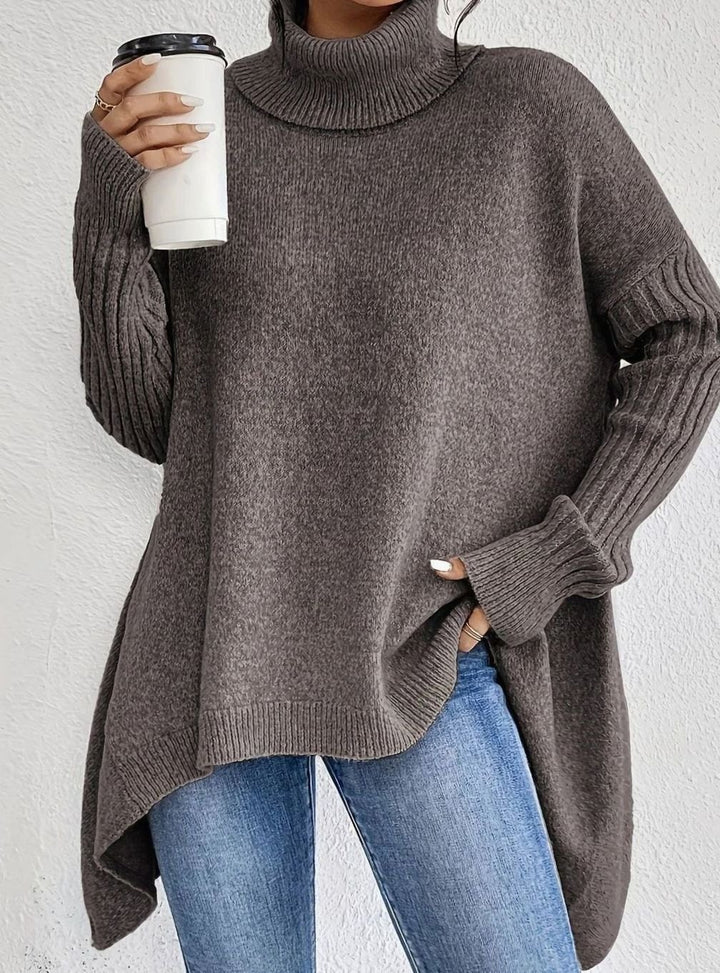 Women's Oversized Cashmere Turtleneck Sweater High-Low Hem - Light Brown