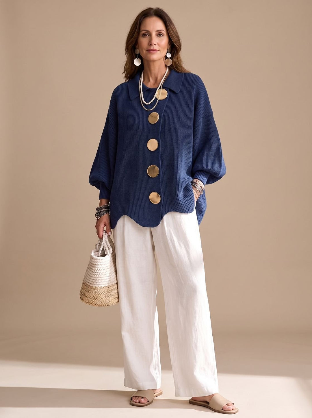 Women's Oversized Collared Knit Cardigan Gold Button - Navy Blue
