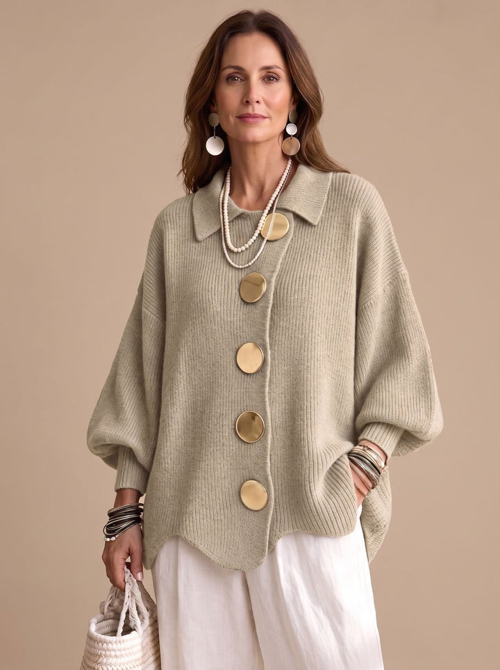 Women's Oversized Collared Knit Cardigan Gold Button - Khaki