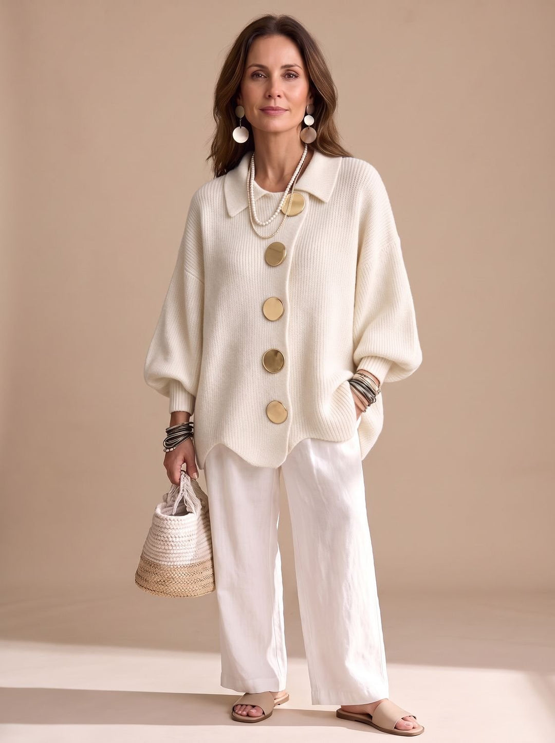 Women's Oversized Collared Knit Cardigan Gold Button - Ivory White