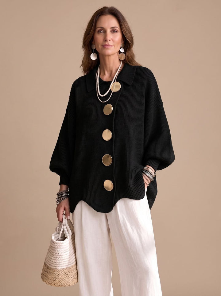 Women's Oversized Collared Knit Cardigan Gold Button - Black