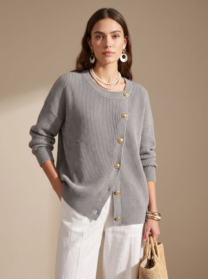 Women's Oversized Collared Knit Cardigan Gold Button - Gray