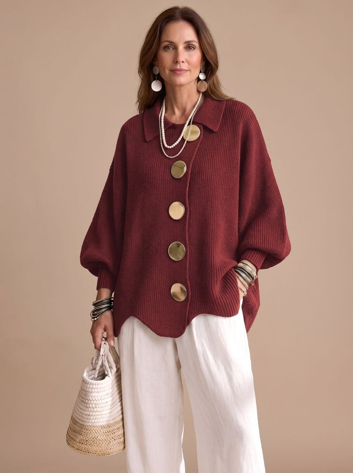 Women's Oversized Collared Knit Cardigan Gold Button - Red