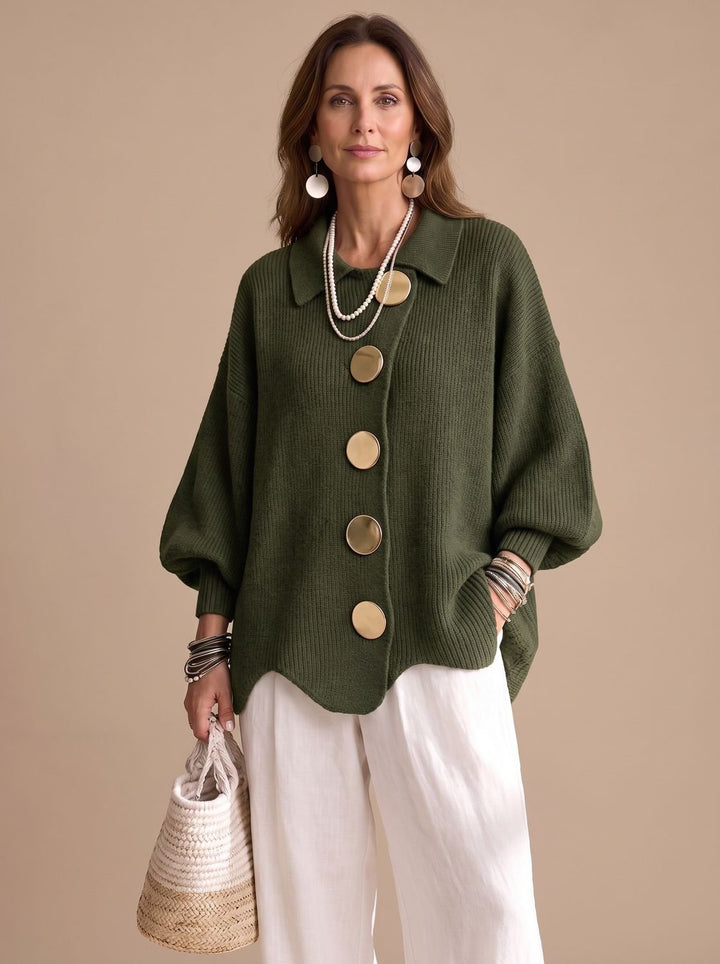 Women's Oversized Collared Knit Cardigan Gold Button - Olive Green