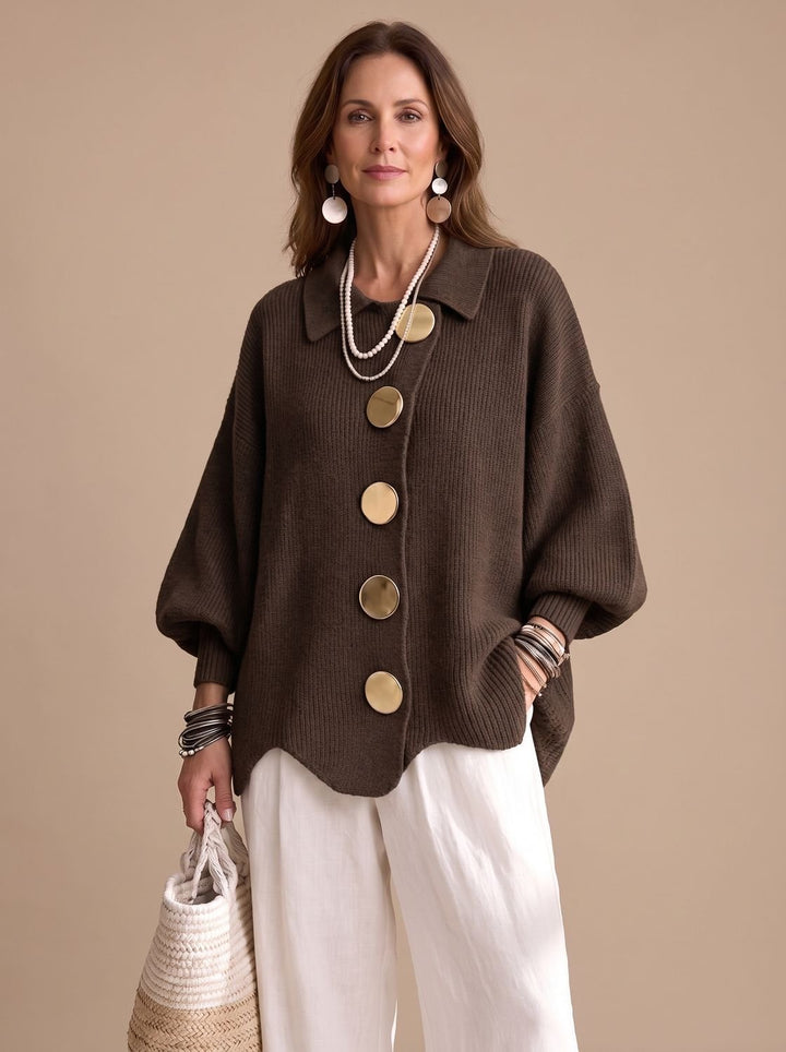 Women's Oversized Collared Knit Cardigan Gold Button - Mocha