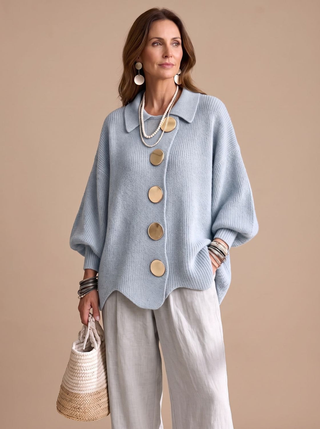 Women's Oversized Collared Knit Cardigan Gold Button - Sky Blue