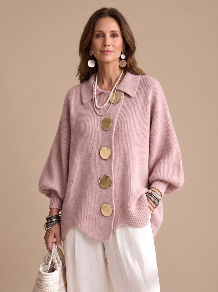 Women's Oversized Collared Knit Cardigan Gold Button - Powder Pink
