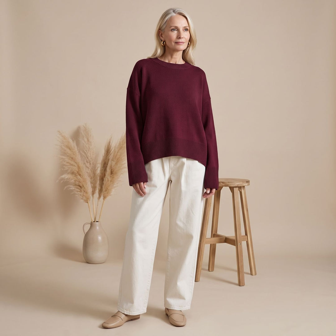 Women's Oversized Crewneck Knit Sweater Drop-Shoulder - Burgundy