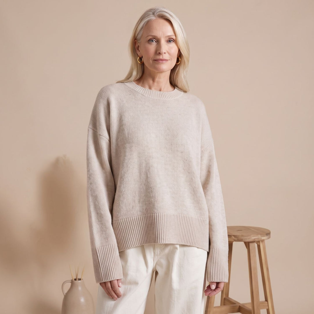 Women's Oversized Crewneck Knit Sweater Drop-Shoulder - Beige