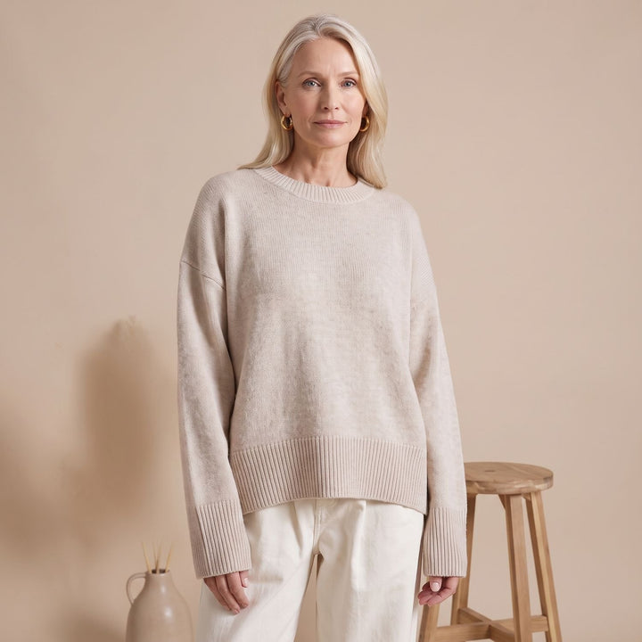 Women's Oversized Crewneck Knit Sweater Drop-Shoulder - Beige