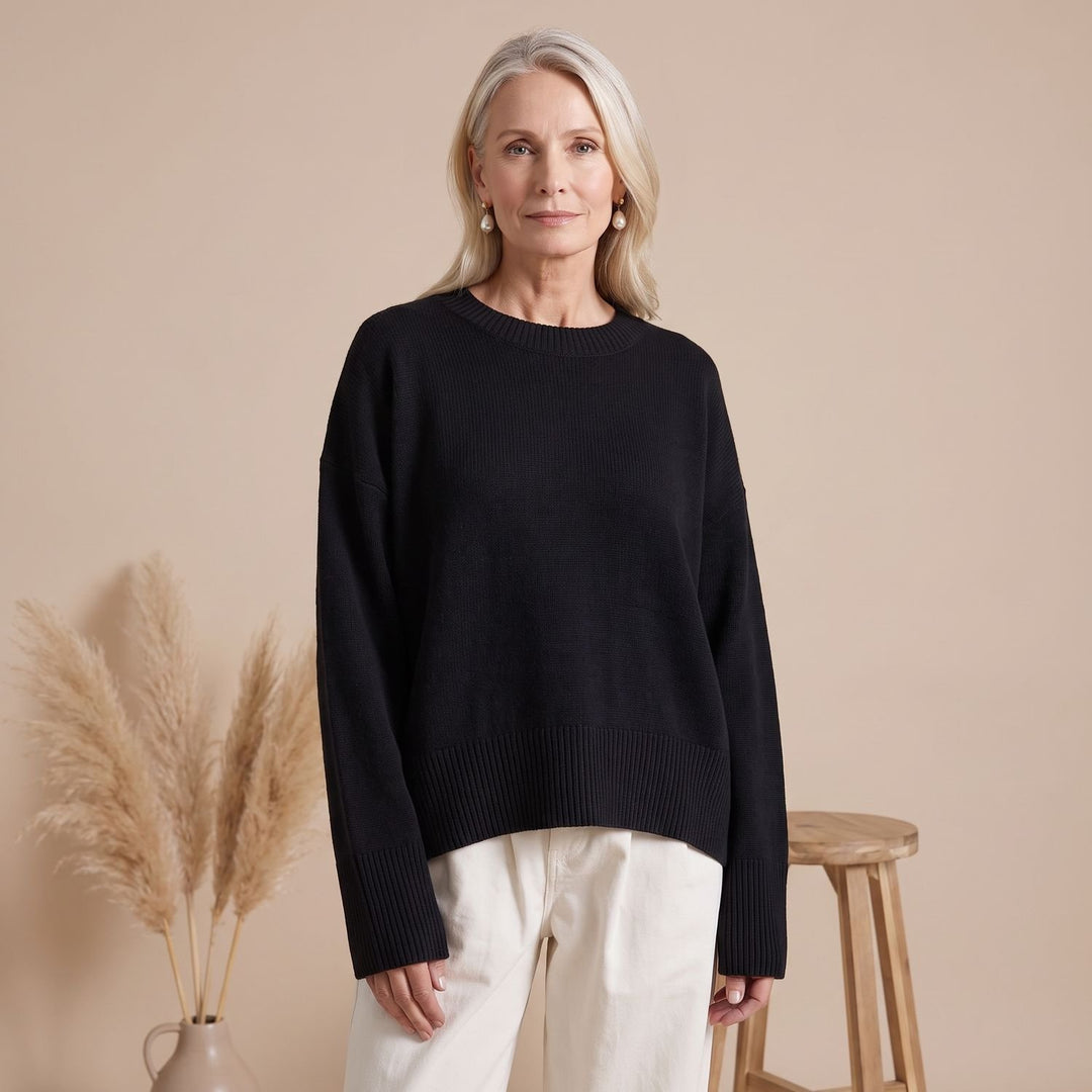 Women's Oversized Crewneck Knit Sweater Drop-Shoulder - Black