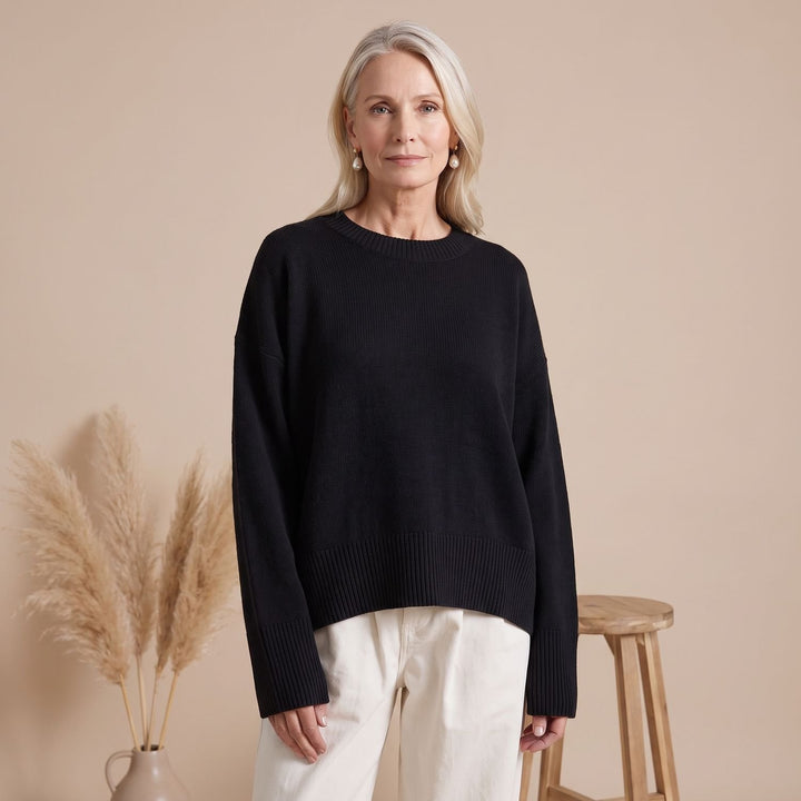 Women's Oversized Crewneck Knit Sweater Drop-Shoulder - Black
