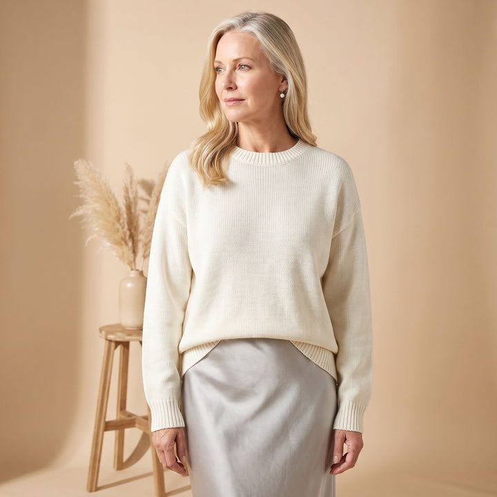 Women's Oversized Crewneck Knit Sweater Drop-Shoulder - White