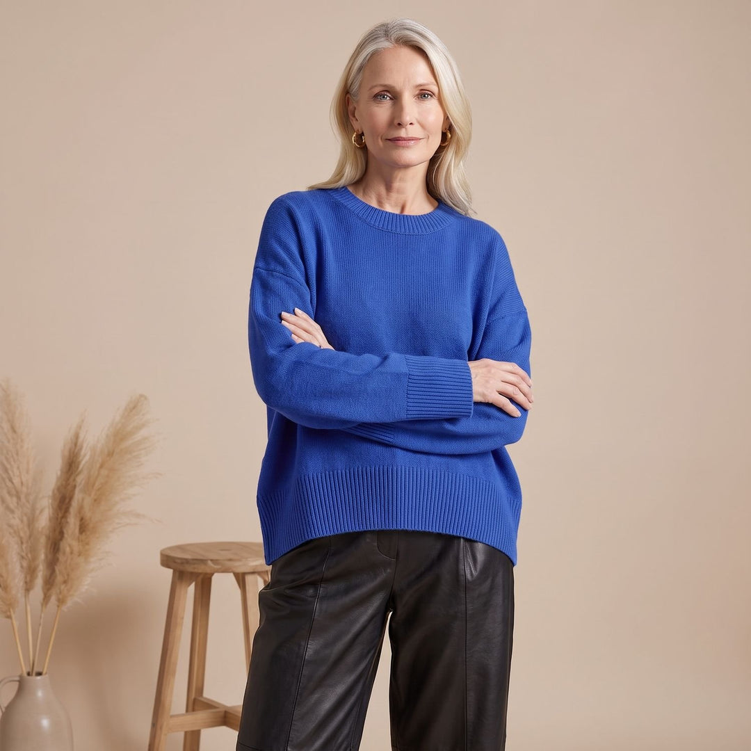 Women's Oversized Crewneck Knit Sweater Drop-Shoulder - Navy Blue