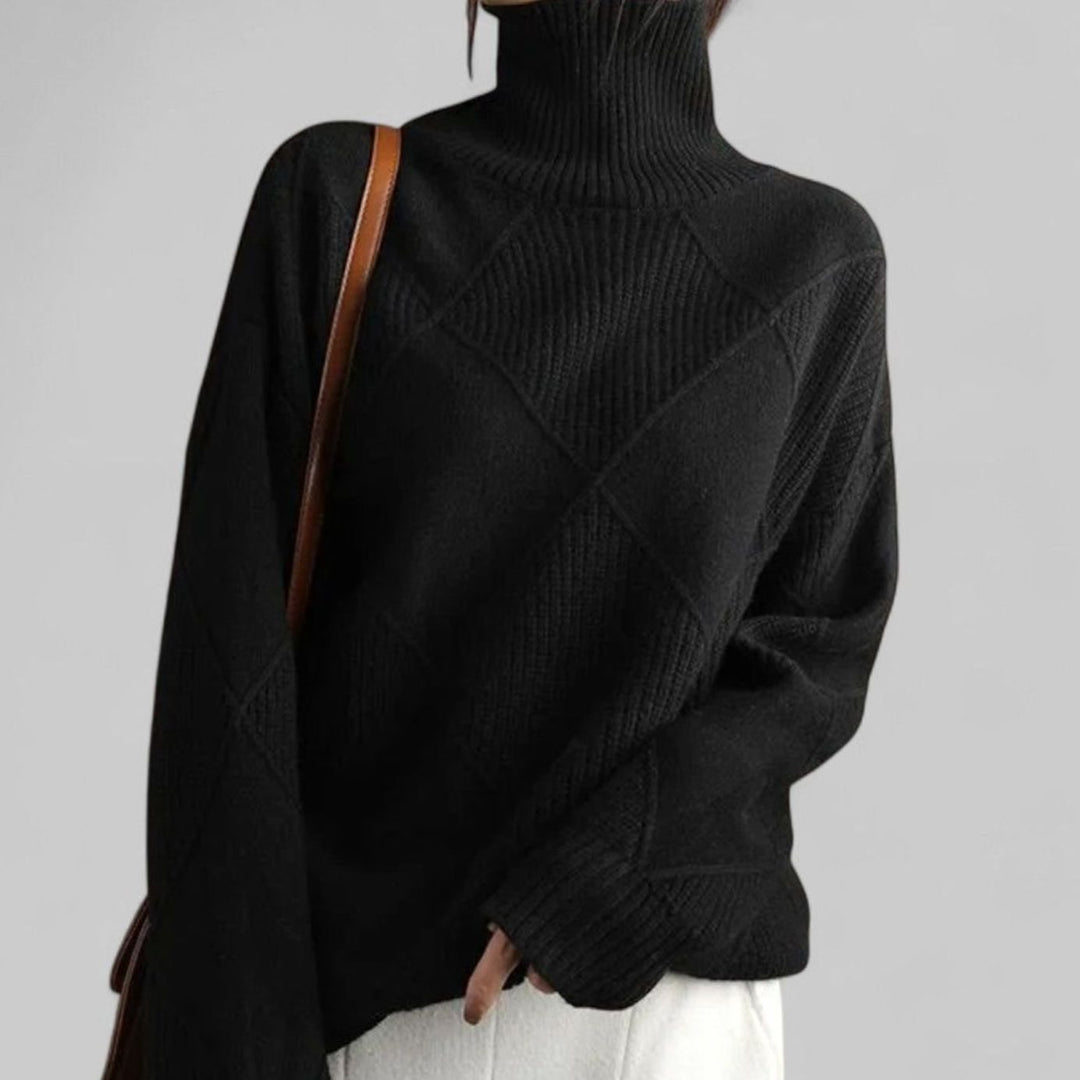 Women's Oversized Diamond-Knit Turtleneck Sweater - Black