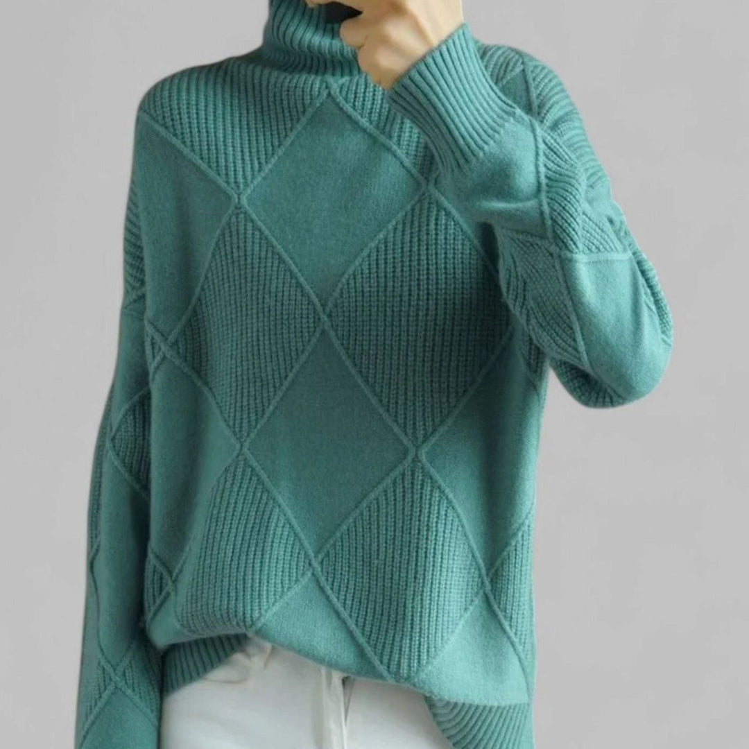 Women's Oversized Diamond-Knit Turtleneck Sweater - Turquoise