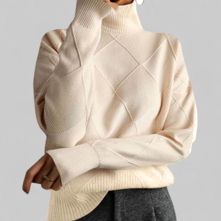 Women's Oversized Diamond-Knit Turtleneck Sweater - Beige