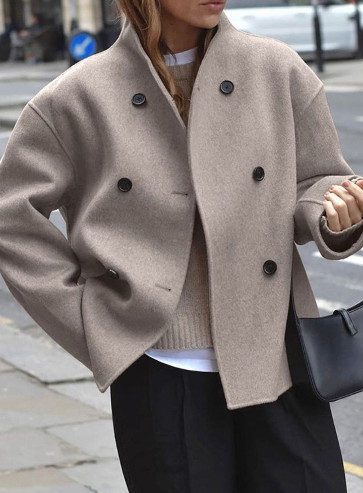 Women's Oversized Double-Breasted Coat Tailored Mock-Neck Wool-Blend - Khaki