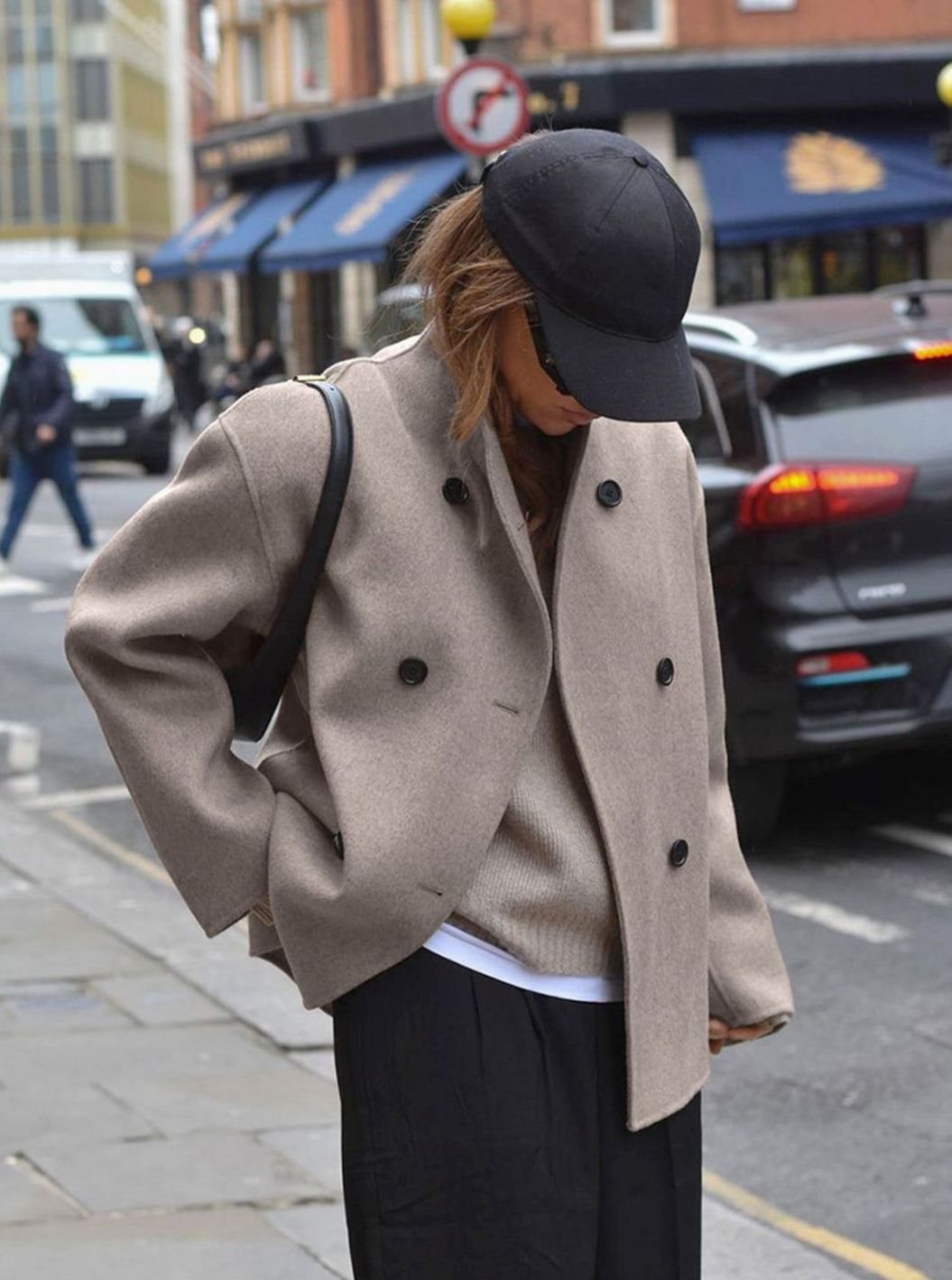 Women's Oversized Double-Breasted Coat Tailored Mock-Neck Wool-Blend