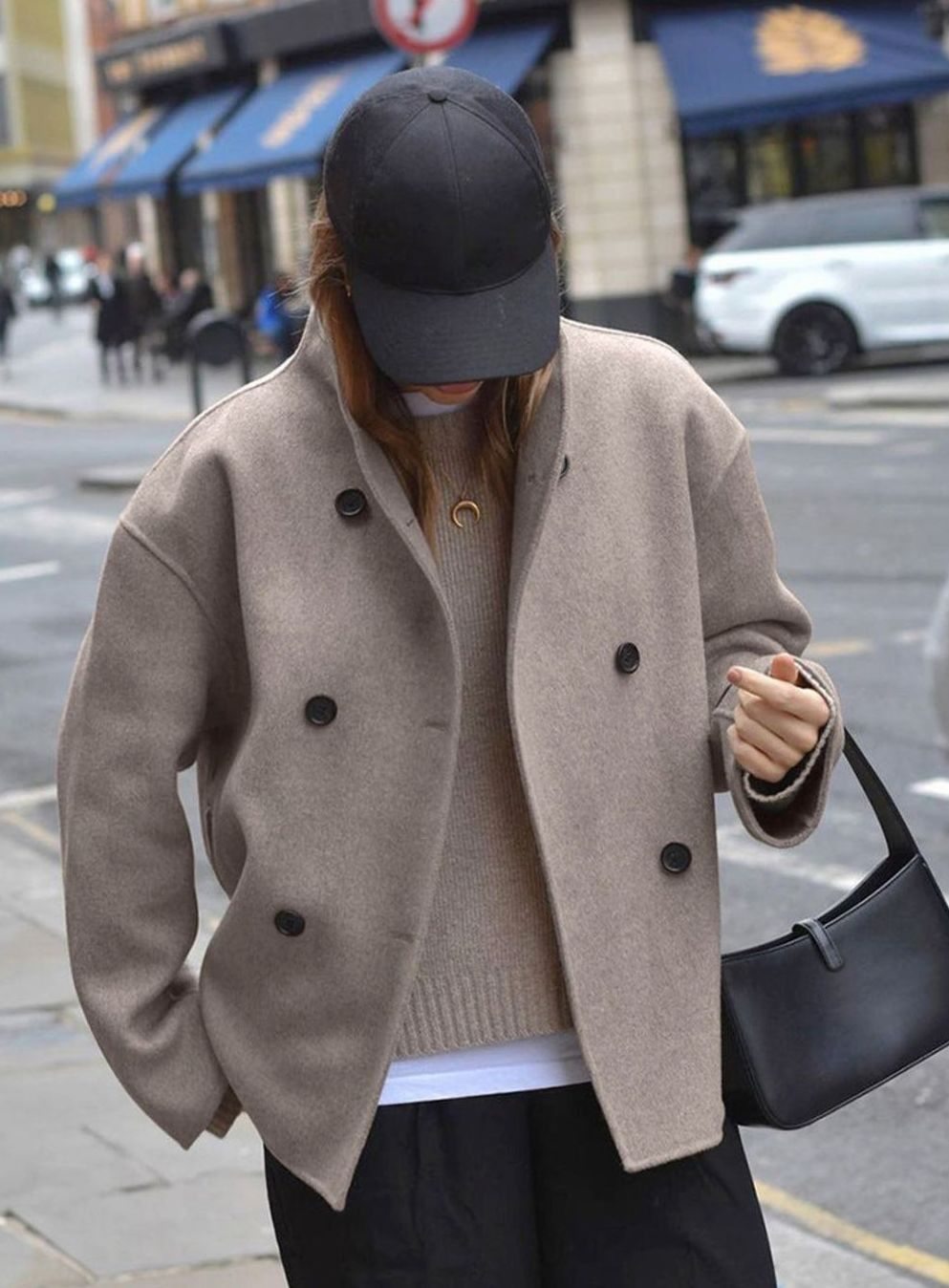 Women's Oversized Double-Breasted Coat Tailored Mock-Neck Wool-Blend