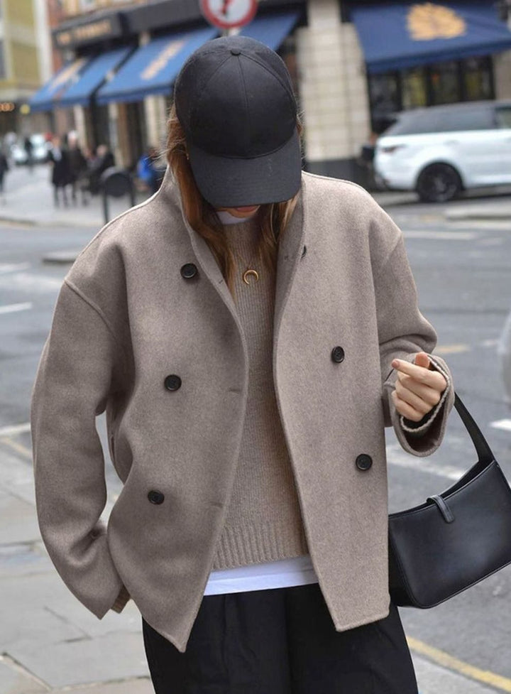 Women's Oversized Double-Breasted Coat Tailored Mock-Neck Wool-Blend