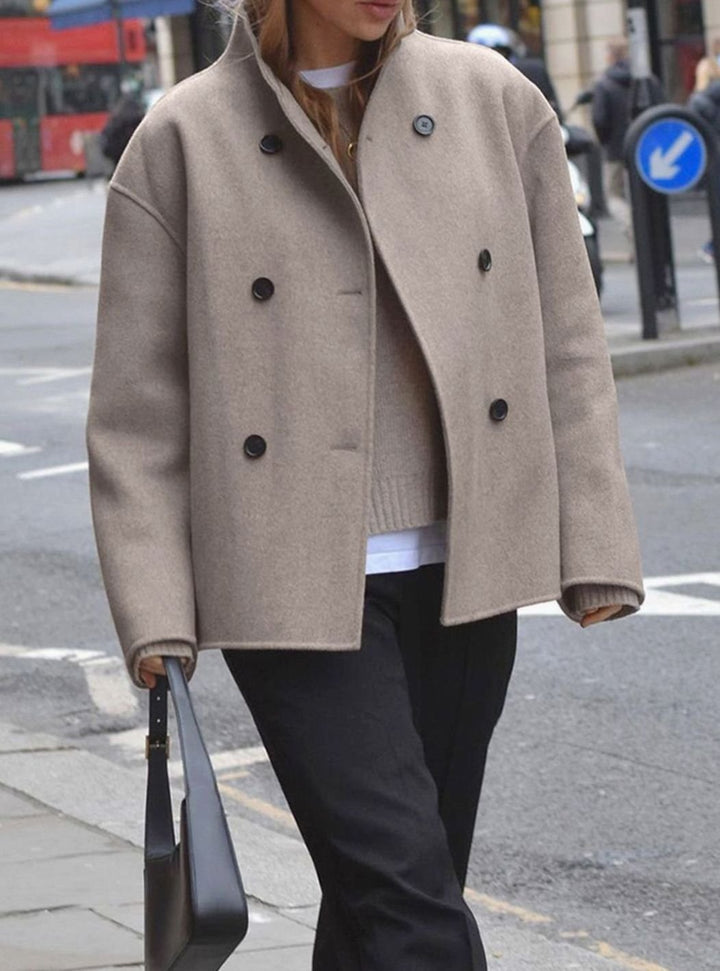 Women's Oversized Double-Breasted Coat Tailored Mock-Neck Wool-Blend
