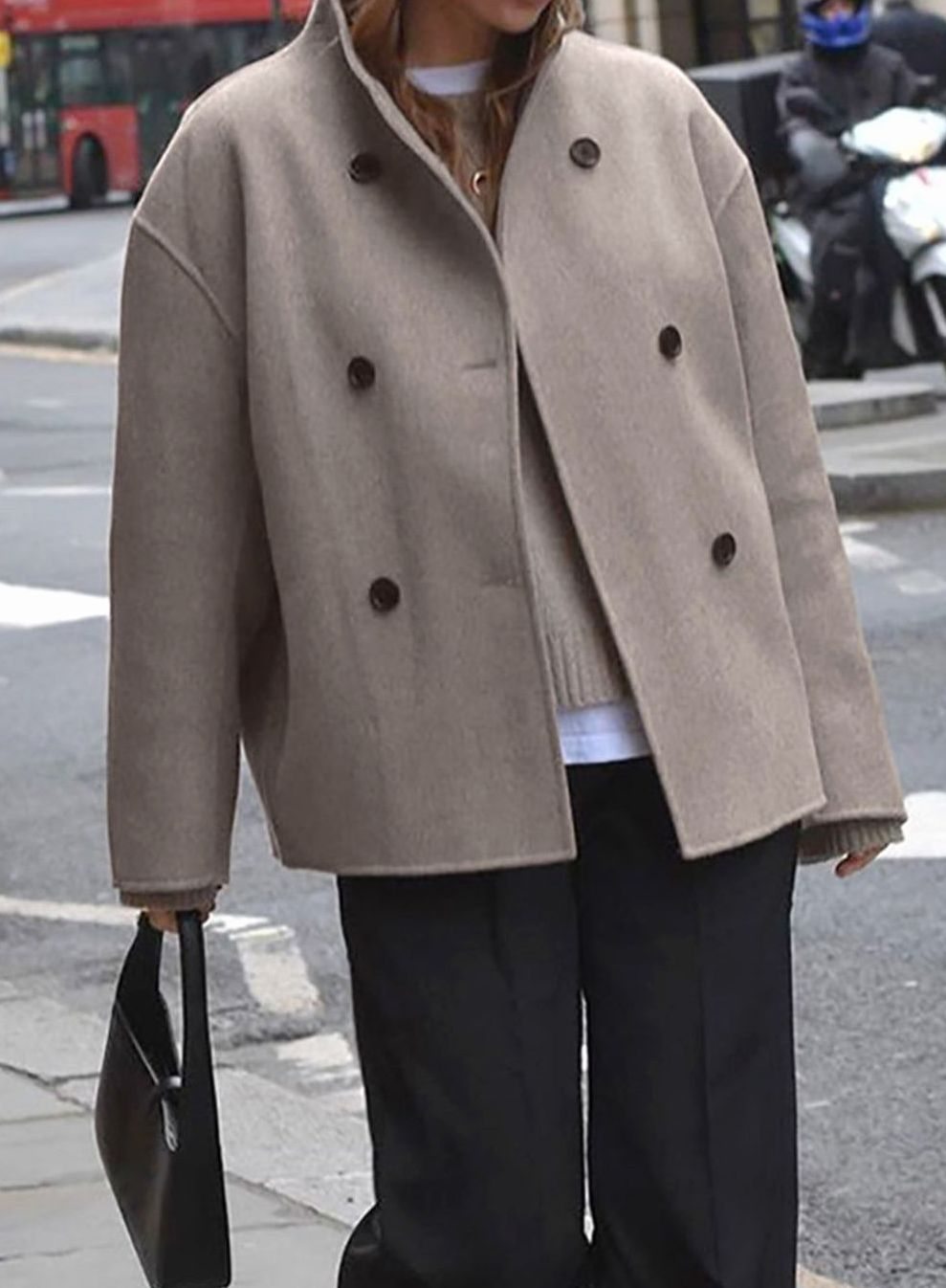 Women's Oversized Double-Breasted Coat Tailored Mock-Neck Wool-Blend