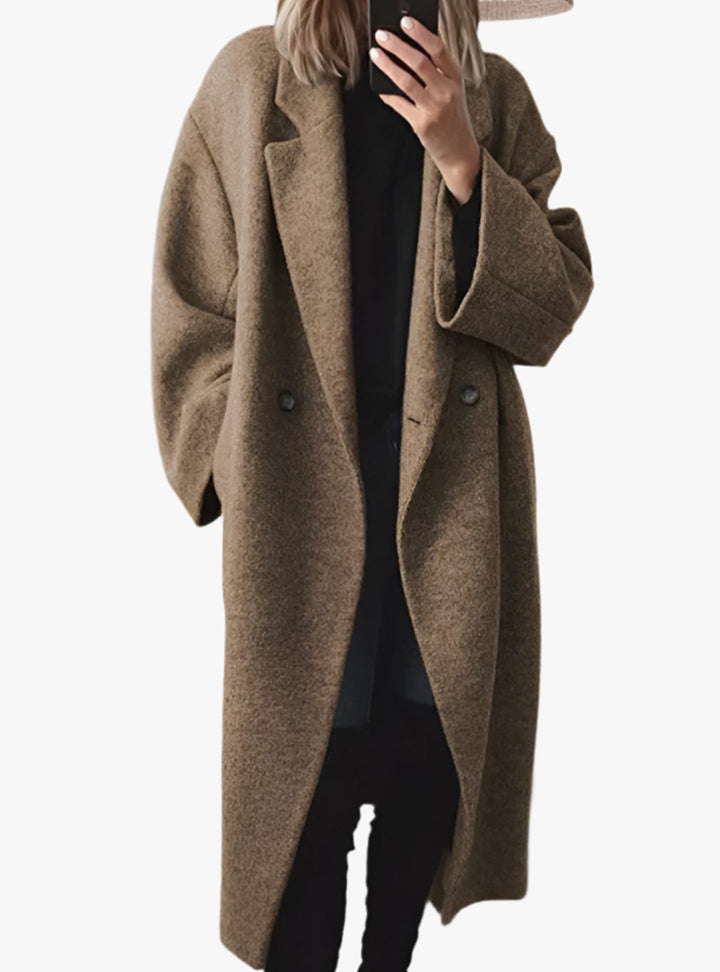 Women's Oversized Double-Breasted Longline Winter Coat - Brown
