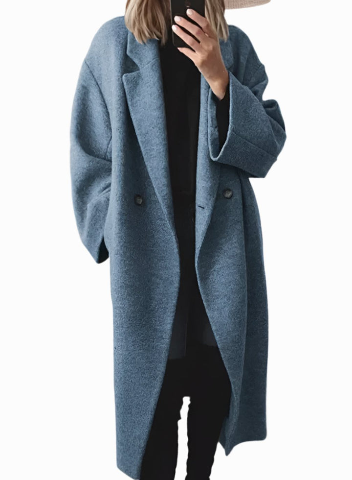 Women's Oversized Double-Breasted Longline Winter Coat - Blue