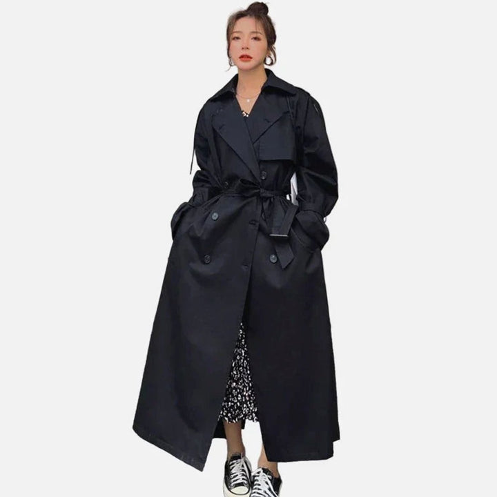 Women's Oversized Double-Breasted Maxi Trench Coat - Black