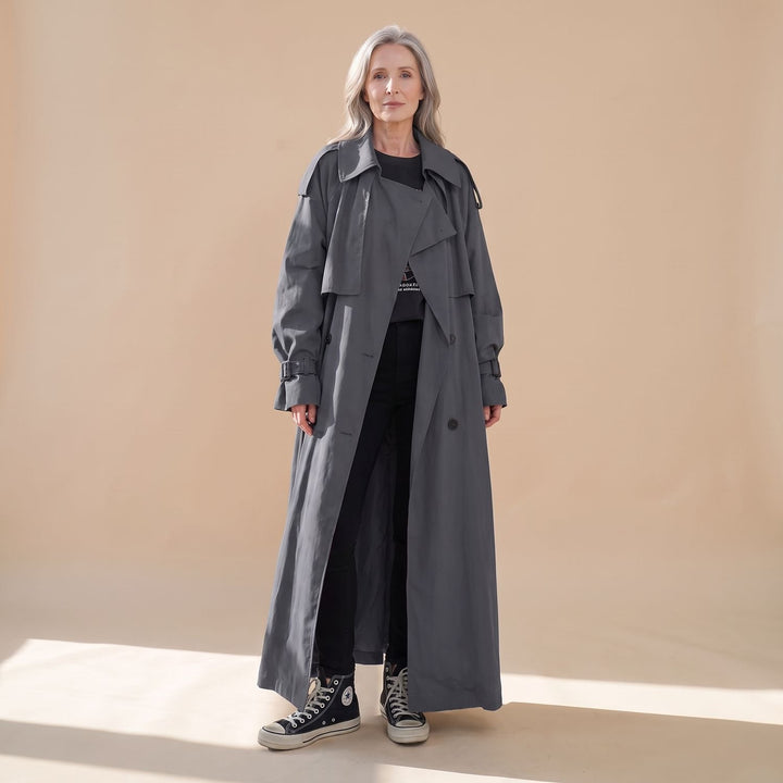 Women's Oversized Double-Breasted Maxi Trench Coat, Gray - Gray