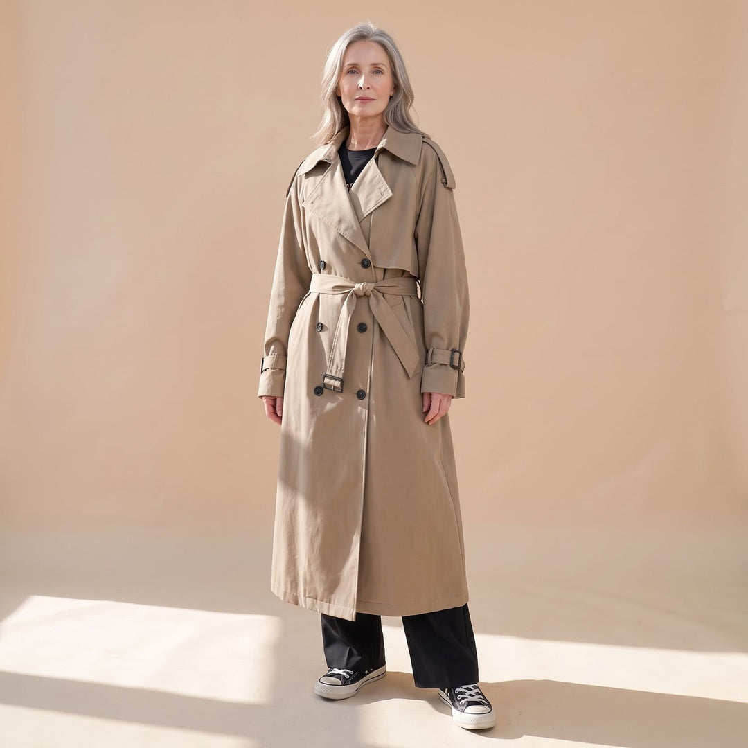 Women's Oversized Double-Breasted Maxi Trench Coat, Gray