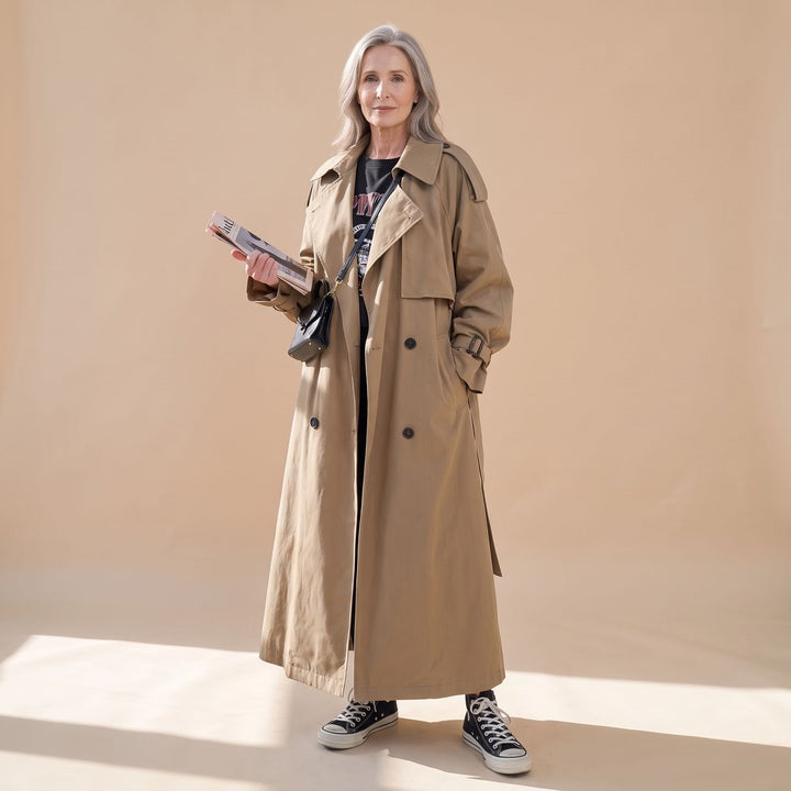 Women's Oversized Double-Breasted Maxi Trench Coat, Gray