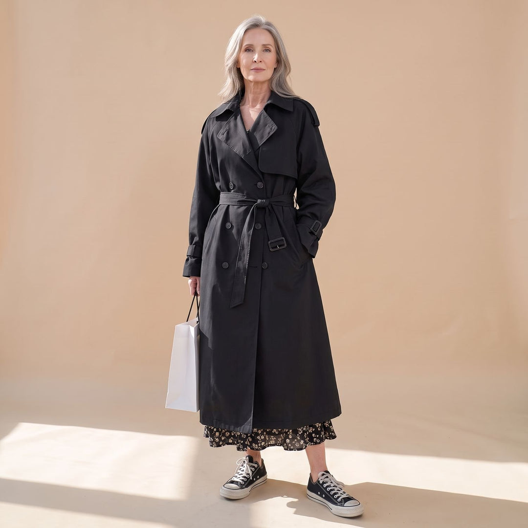 Women's Oversized Double-Breasted Maxi Trench Coat, Gray - Black