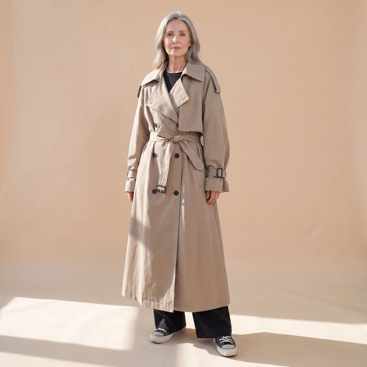 Women's Oversized Double-Breasted Maxi Trench Coat, Gray - Khaki