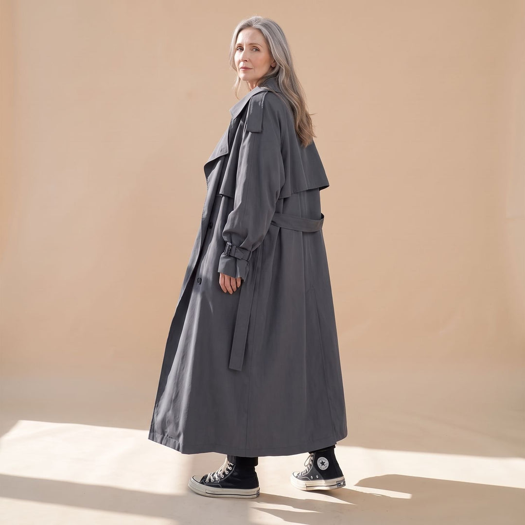 Women's Oversized Double-Breasted Maxi Trench Coat, Gray