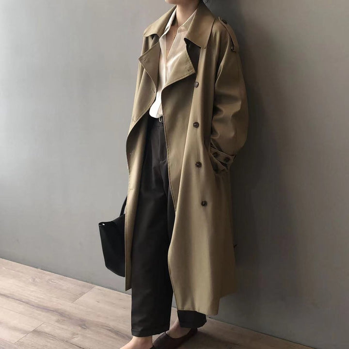 Women's Oversized Double-Breasted Water-Repellent Long Trench Coat - Khaki
